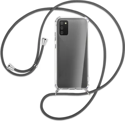 Produktbild von Handykette Backcover-Schutzhülle mit Band (Metall silberfarben) für Samsung Galaxy A02s - dunkelgrau