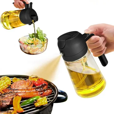 Produktbild von Ölsprüher zum Kochen, 2-in-1-Olivenöl-Spenderflasche für die Küche, 16 oz/470 ml Premium-Ölflasche aus Glas, lebensmittelechter Ölzerstäuber für Heißluftfritteuse, Salat, Braten, Grillen (schwarz)