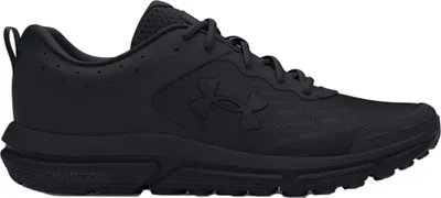 A black Under Armour Charged Assert 10 running shoe is shown from the side against a white background.
