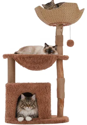 Image de Arbre à chat moderne en bois - Griffoir de 102 cm - 3 niveaux - Grand panier et espace de repos spacieux - Hamac confortable - Idéal pour les chats d'intérieur