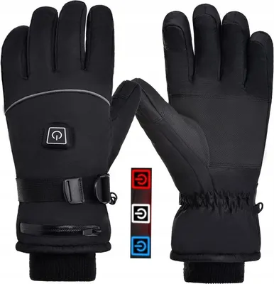 A pair of black heated gloves with a power button and indicator lights shown.