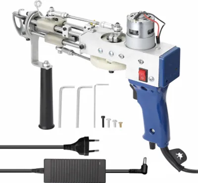 A product shot of a carpet tufting gun with its accessories and power adapter, displayed on a white background.