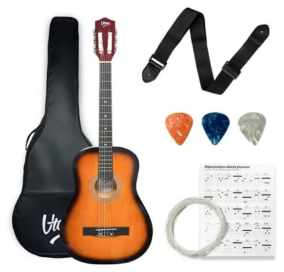 Image de Guitare classique V-TONE CG ONE SB, taille 4/4, finition sunburst, idéale pour les débutants. Livrée avec un médiator, une sangle, des cordes de rechange, une housse et un guide d'accords