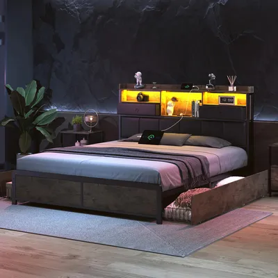 Produktbild von Metall-Doppelbett - Bettgestell 140x200 cm - LED-Beleuchtung - Steckdose & USB-Ladefunktion - Kopfteil aus Holz mit Stauraum - Skandinavisches Design