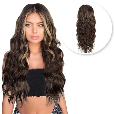Produktbild von SassyGoods® Luxus Perücke Braun Lace Wig mit Highlights - Damenperücken Langhaar - Haarteil - Braune Perücke - 65 cm