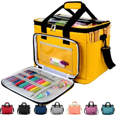 Produktbild von Aufbewahrungstasche für Wolle, Stricktasche zur Garnaufbewahrung für Stricken, Häkeln, Garnstränge, Stricknadeln (bis zu 14 Zoll) (Gelb)