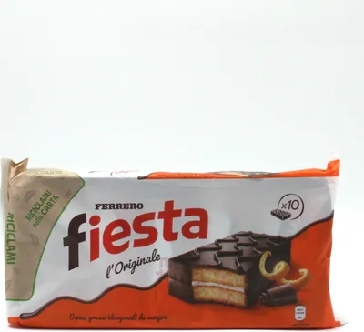 A package of Ferrero Fiesta cakes against a white background.