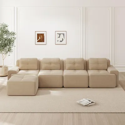 Produktbild von MODFU 4-Sitzer Modulares Sofa Cord mit Schlaffunktion,L-förmiges Big Sofa mit Geschwungene Rückenlehne und 1 Ottoman,Schlafsofa,Beige