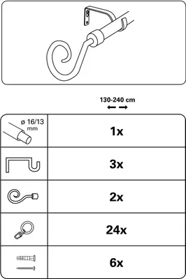 Produktbild von Gardinia Hook 1-Lauf Ø 16/13 mm weiß 130-240 cm