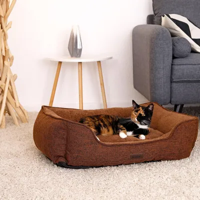 Produktbild von lionto Katzenkissen modernes Bett mit Plüsch-Innenfläche & meliertem Außenbezug, rutschfest, waschbar, 75x60 cm, braun