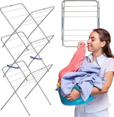 Produktbild von Vertikaler Wäschetrockner, langlebig und kompakt - 3 Ebenen 148 cm hoch, Turmwäscheständer klappbar für 15 Meter Wäsche, stabiler und platzsparender
