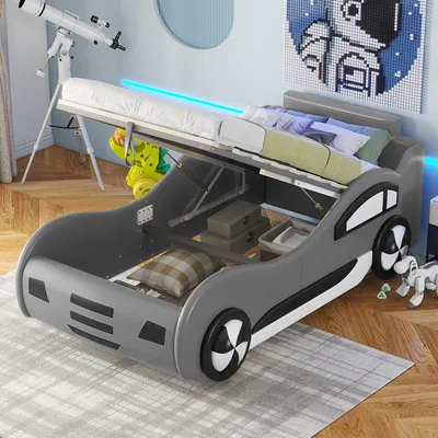 Produktbild von Flieks Kinderbett 90x200cm mit Rausfallschutz, Autobett Juniorbett mit Lattenrost, Hydraulisches Bodenbett Einzelbett Stauraumbett, PU, Grau
