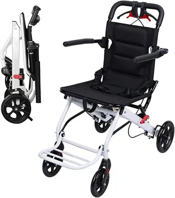 Produktbild von Faltbarer Rollstuhl, tragbarer Transit-Reisestuhl für Erwachsene, leichter Transportrollstuhl mit verstellbarem Sicherheitsgurt, Aluminiumrahmen, PolyurethanRäder, ergonomisches Design, für