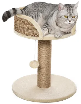 Produktbild von Katzenbaum, Kletterbaum, Kratzbaum, Designerspielzeug, H?ngebommel + Plš¹schplattform, 40 x 40 x 49 cm, beigefarbenes Sisal