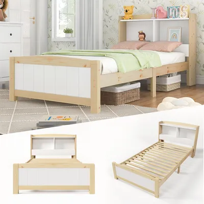 Produktbild von Weiß 90x200cm (Ohne Matratze) Massivholz Einzelbett Stauraum-Kopfteil Bettgestell mit Lattenrost Holzbett mit Kopfteil,Kinderbett Jugendbett Kiefer