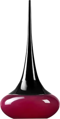 A perfume bottle with a pink base and a black, elongated top.