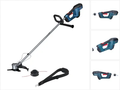 A cordless string trimmer with its accessories, displayed on a white background.