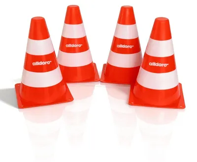 Obrázok produktu pre Sada 4 kužeľov – odolné dopravné kužele pre šport, hry a dopravnú výchovu, výška 18 cm, oranžovo-biele, stohovateľné