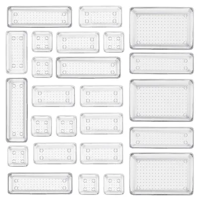 Produktbild von 25 Stück Schubladenorganizer in 4 Größen, Ordnungssystem für Make-up | Rutschfester, transparenter Organizer für Kosmetik, Badezimmer, Kommode, Küche und Büro