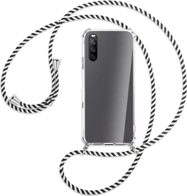 Produktbild von Handykette Backcover-Schutzhülle mit Band (Metall silberfarben) für Sony Xperia 10 III - schwarz/weiß gestreift