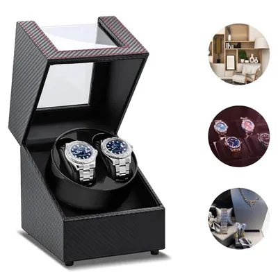 Image de Boîtier à remontoir automatique pour 2 montres automatiques - Alimentation USB - Moteur silencieux - Cuir synthétique (PU) - Noir