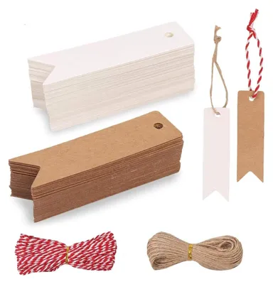 Produktbild von Geschenk Anhänger 200 stk.Kraftpapier Anhänger Etiketten Geschenkanhänger mit Jute Schnur für Hochzeitsgeschenke, Party-Geschenkanhänger und Weihnachten (Kraft + weiß)
