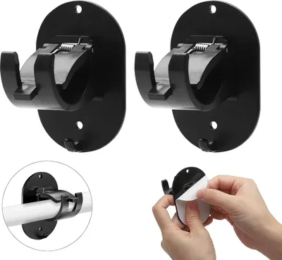 Produktbild von Set von 2 Selbstklebenden Vorhangstangenhaltern - Vorhanghaken ohne Bohren - Vorhangstange zum Kleben - Stangenhalter für Vorhänge Schwarz