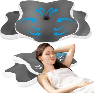 Obrázek produktu pro Polštář na podporu krční páteře z paměťové pěny – ergonomický polštář – pro lepší spánek – design s konturou motýla – 41,7 cm – šedá barva