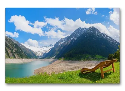 Produktbild von Premium Textil-Leinwand 90x60cm quer Sonnenliege am Schlegeisspeicher | Wandbild, HD-Bild auf Keilrahmen, Fertigbild auf hochwertigem Vlies, Leinwanddruck von SusaZoom