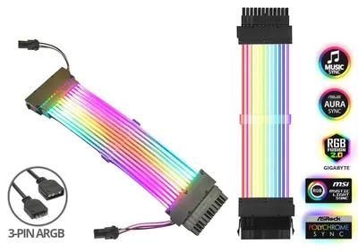 Produktbild von BRAINZAP A-RGB Extension Cable Kabel 20+4 / 24 PIN ATX Verlängerung Verlängerungskabel 16AWG 25 cm Aura Asus Asrock MSI Gigabyte