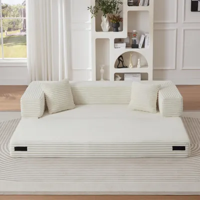 Produktbild von Clinvia Moderne Cord-Sofa, klassisches quadratisches, zweischichtiges Design, umwandelbar zum Bett, ideal für Apartments, große Räume, Weiß
