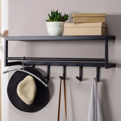 Obrázek produktu pro Nástěnný věšák kovový černý 70x20x20 cm předsíňový věšák s policí | Wohnling