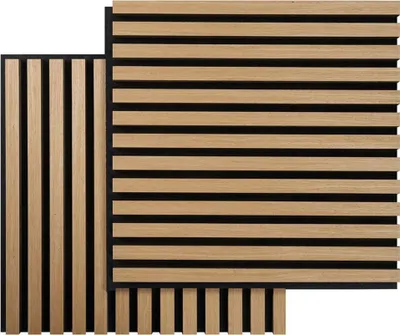 Two acoustic panels, one with vertical slats and one with horizontal slats, are shown against a white background.
