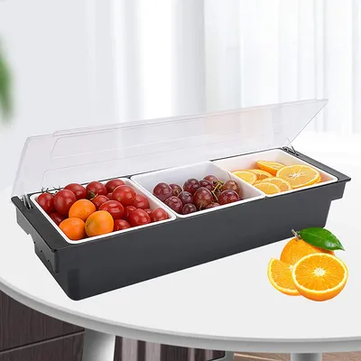 Image de Gewürzserver Distributeur d'épices Récipient à 3 compartiments,Plateau avec couvercle rabattable Bac à fruits Trois plateaux Convient pour buffet de restaurant et bar Réfrigérateur de pique-nique Barbecue