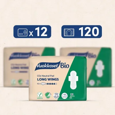 Zdjęcie produktu dla ZAPAS Podpasek BIO LONG WINGS 120 szt. | Maksymalna Ochrona 5/6, Na Połóg/Noc | Bio-Bawełna, Biodegradowalny Komfort
