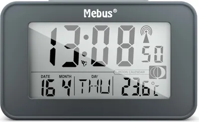 Produktbild von Mebus digitaler Funkwecker mit Mondkalender, Beleuchtung, Innenthermometer, 2 Weckzeiten, Schlummer-Funktion