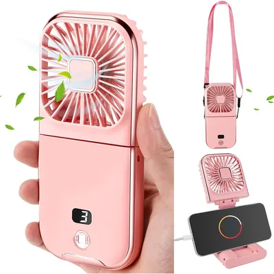 A person is holding a pink portable fan, and other views of the fan are shown.