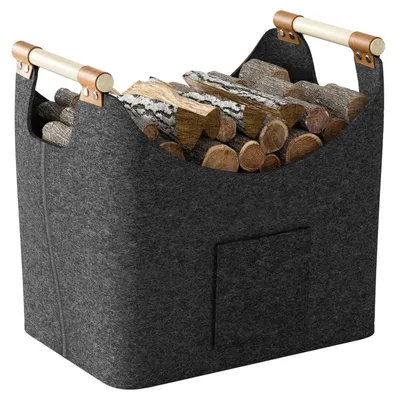 Image de Panier XXL en feutre pour le bois de cheminée, pliable, avec des poignées en bois, dimensions : 45 x 30 x 42 cm