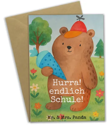 Produktbild von Mr. & Mrs. Panda Grußkarte Bär Schultüte Design - Weiß - Geschenk, Schulanfang, Schulbeginn, Einschulung, Grundschule, einladungskarten, Erster Schultag, babykarte, Teddy