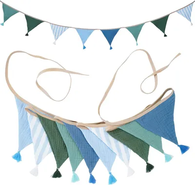 Productafbeelding van Mousseline Wimpelketting voor kinderkamer met kwasten - Blauwe mousseline stof - Slinger - Dubbelzijdig - Kinderbedjes