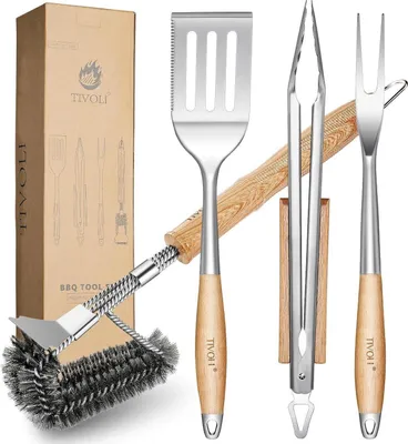 Produktbild von Grillbesteck Set 4-teilig Edelstahl mit Holzgriffen, Grillzange, Pfannenwender, Grillbürste, Grillgabel