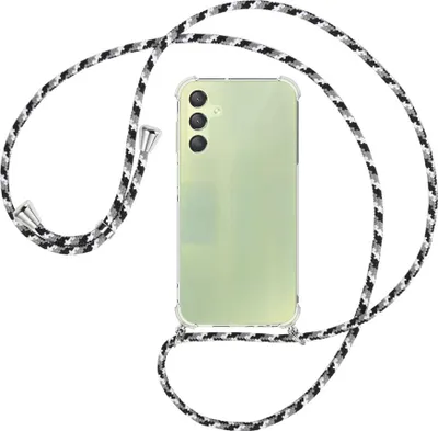 Produktbild von Handykette Backcover-Schutzhülle mit Band (Metall silberfarben) für Samsung Galaxy A15  - schwarz/grau/weiß
