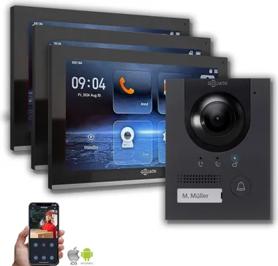 Produktbild von Goliath IP Hybrid Video Gegensprechanlage mit Kamera 10 Zoll Anthrazit : 10 Zoll in Schwarz : Unterputzdose : 3 Monitore Monitor Anzahl: 3 Monitore Monitor Auswahl: 10 Zoll in Schwarz Türklingel Montagedose: Unterputzdose