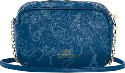 A blue crossbody bag with a Stitch pattern and gold hardware.