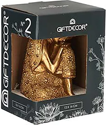 Produktbild von Buddha Figur 12x16cm Gold Auf Knie aus Polyresin Thai Budda Garten Statue Feng Shui Deko Decoration 91 (auf linkes Knie)