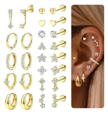 Immagine prodotto di 13 paia di orecchini da donna, oro e argento, piercing a spirale, acciaio chirurgico, set di cerchi