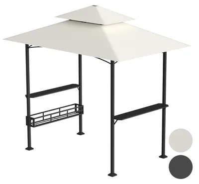 Image de Pavillon de barbecue Vigevee avec double toit, étagères latérales, panier métallique, crochets et décapsuleur, toits de barbecue résistants aux intempéries, abri de barbecue pour le jardin et l'extérieur, 238 x 148 x 250 cm, beige