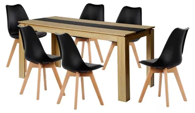 Produktbild von Essgruppe mit Esstisch und 6 Stühlen, Rechteckiger Küchentisch aus Eiche und 6 Esszimmerstühlen, Sitzgruppe für Wohnzimmer, Küche und Büro (160 cm Eiche-Schwarz Tisch + 6 schwarze Stühle)