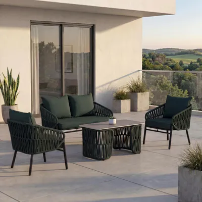 Image de Ensemble de jardin HWC-P90, ensemble lounge canapé fauteuil table, tressage en corde tissu/textile (180 g/m²) ~ vert