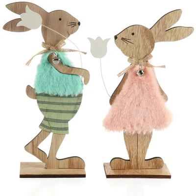 2 Osterhasen aus Holz mit Blume – Osterdekoration